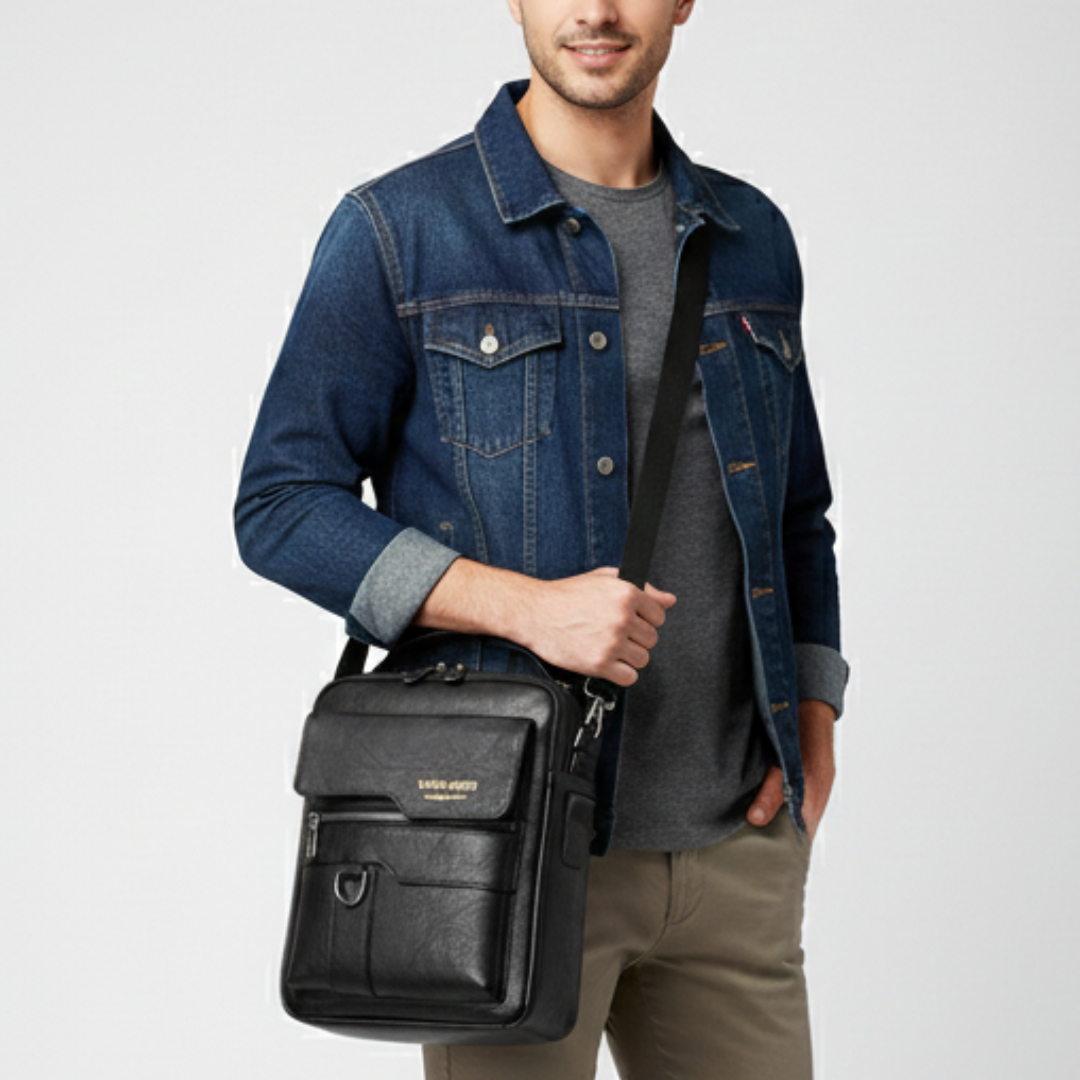 Unisex Schultertasche aus schwarzem PU-Leder, ideal als Business- oder Reistasche. Vielseitig & organisiert.