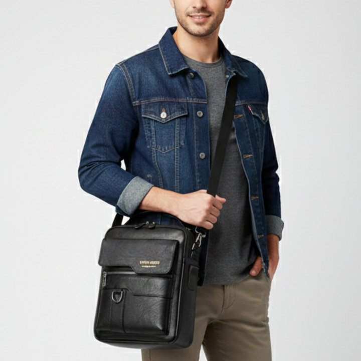 Unisex Schultertasche aus schwarzem PU-Leder, ideal als Business- oder Reistasche. Vielseitig & organisiert.