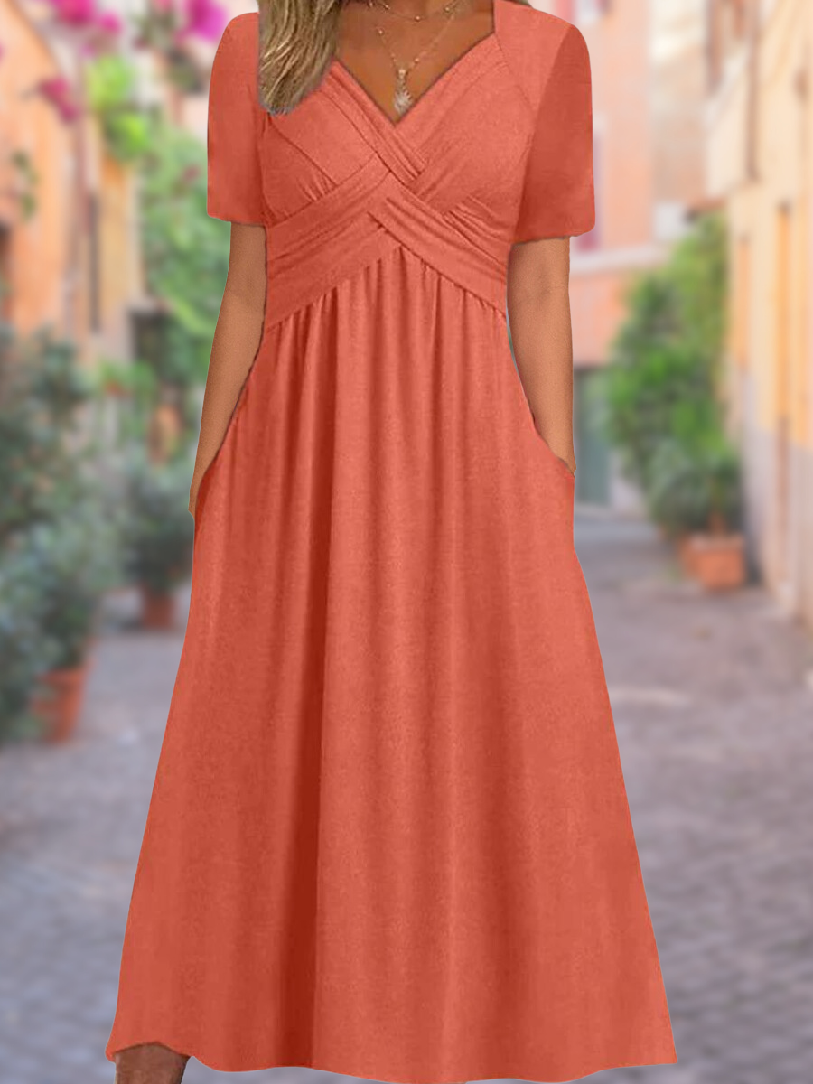 Graues Damen Midi-Kleid mit elegantem Kreuzrücken & V-Ausschnitt in A-Linie für stilvolle Sommer-Looks & Große Größen.