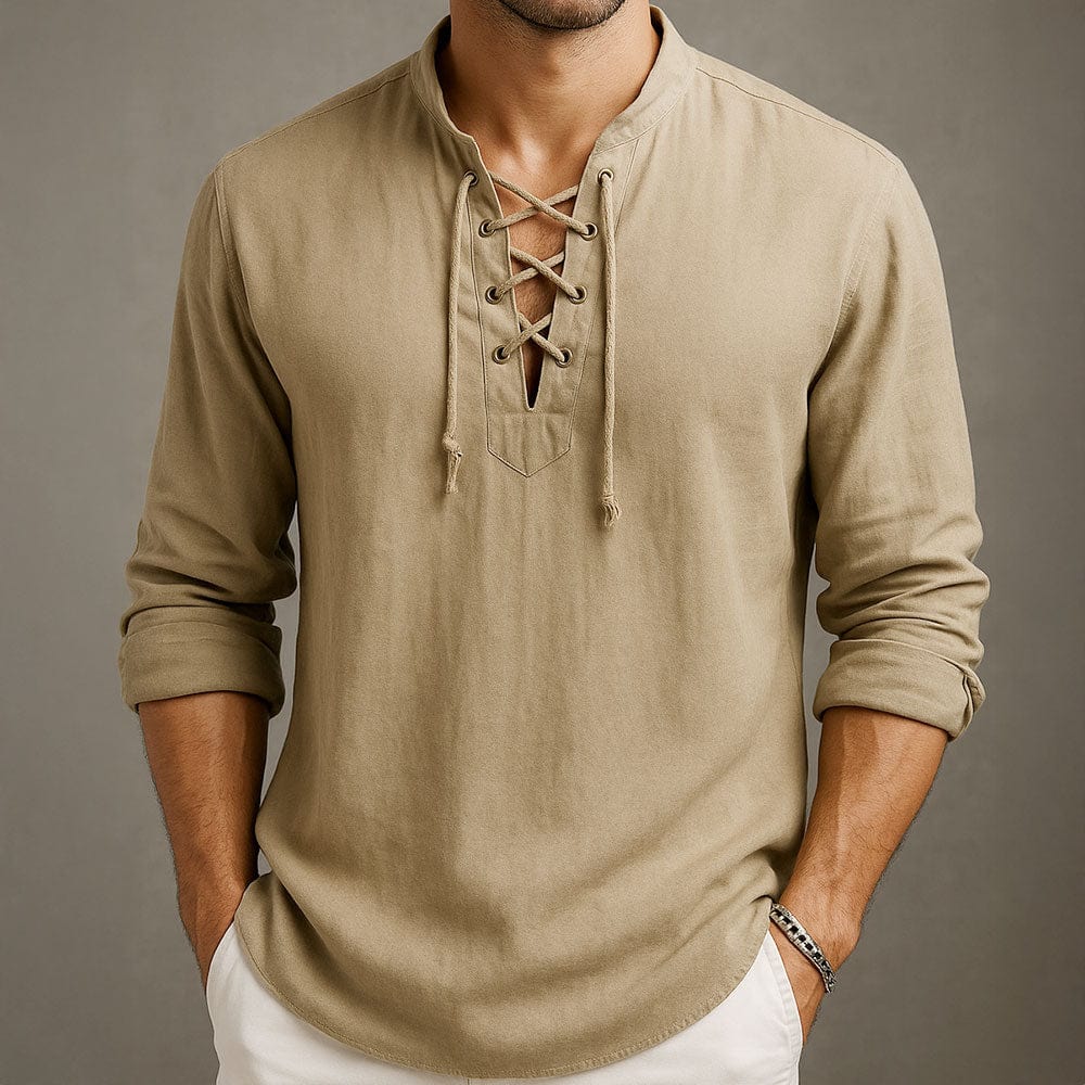 Lässiges Herren Schnürhemd in Beige. Bequemes, atmungsaktives Strandhemd, ideal für Urlaub & Sommer. Leichter Stoff.