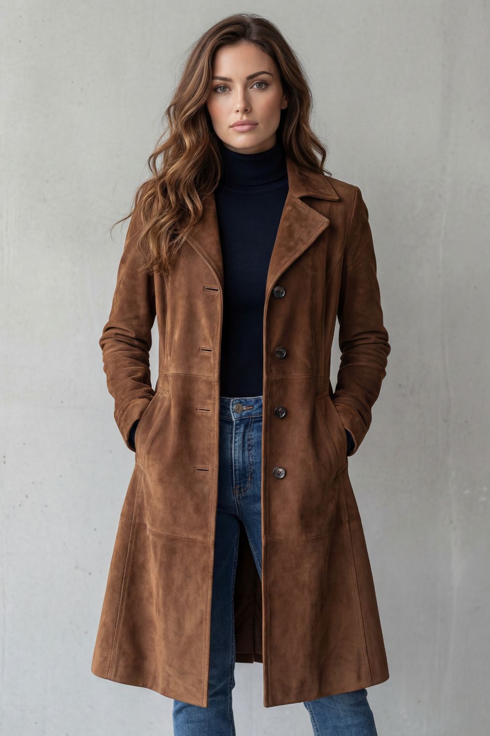 Vielseitiger Damen Langmantel Wildlederoptik, ideal als Übergangs- oder stilvoller Wintermantel.