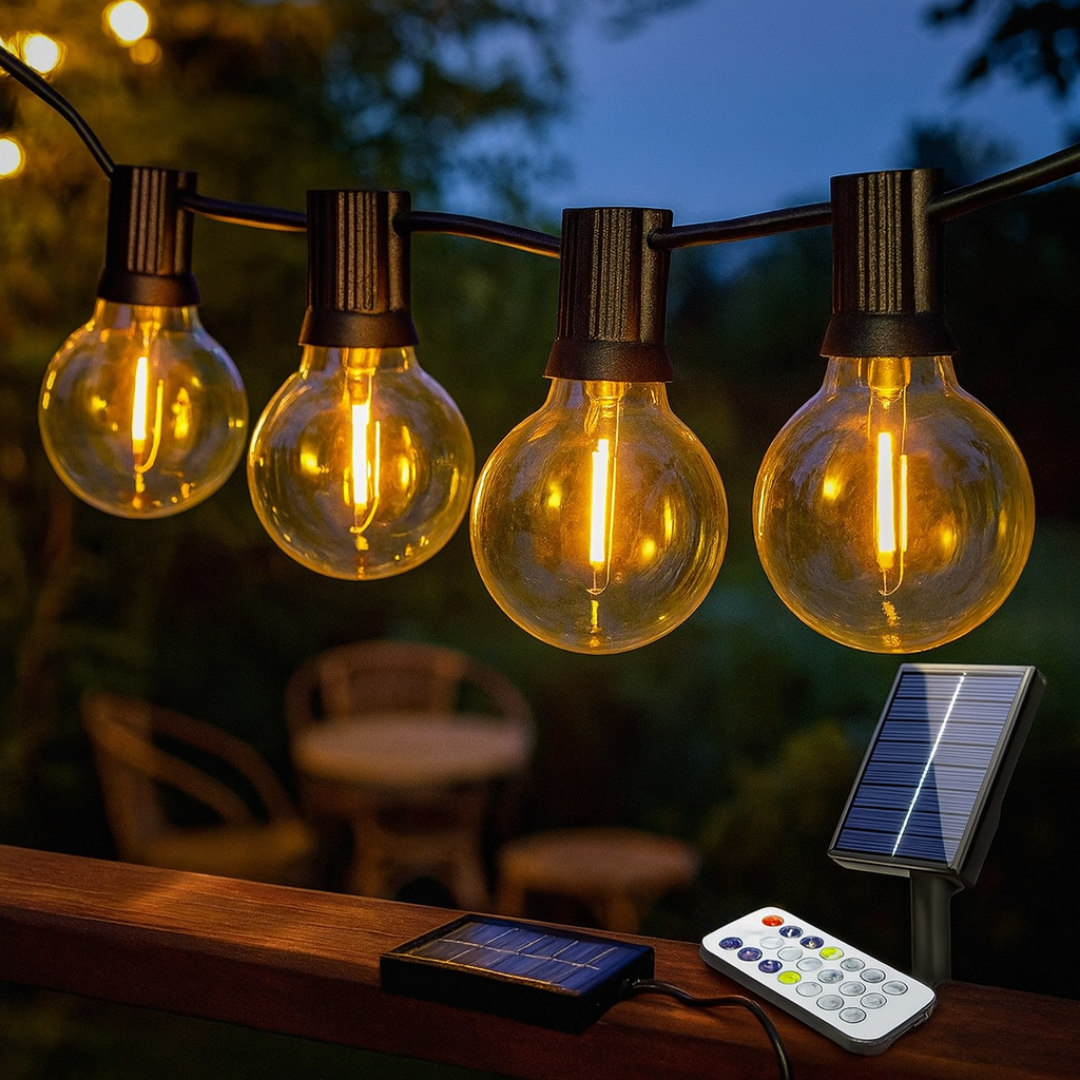 Garten-Solarlichterkette, warmweiß, dimmbar & wetterfest. Bruchsichere Beleuchtung für gemütliche Abende.