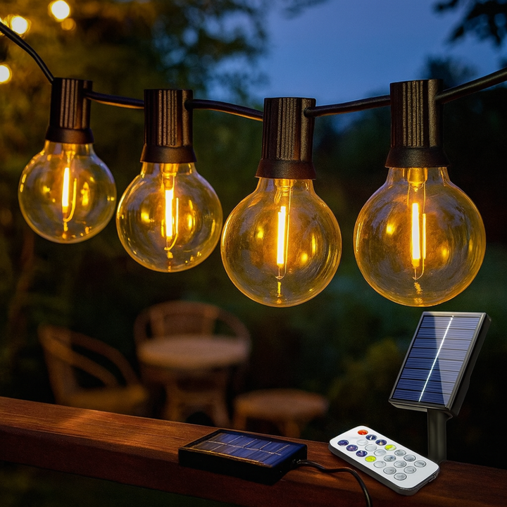 Garten-Solarlichterkette, warmweiß, dimmbar & wetterfest. Bruchsichere Beleuchtung für gemütliche Abende.