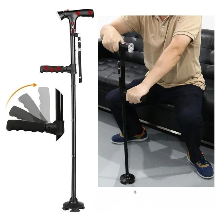 Robuster Aluminium-Gehstock, schwarz, klappbar, mit stabiler Vierfuss-Basis & LED-Funktion.