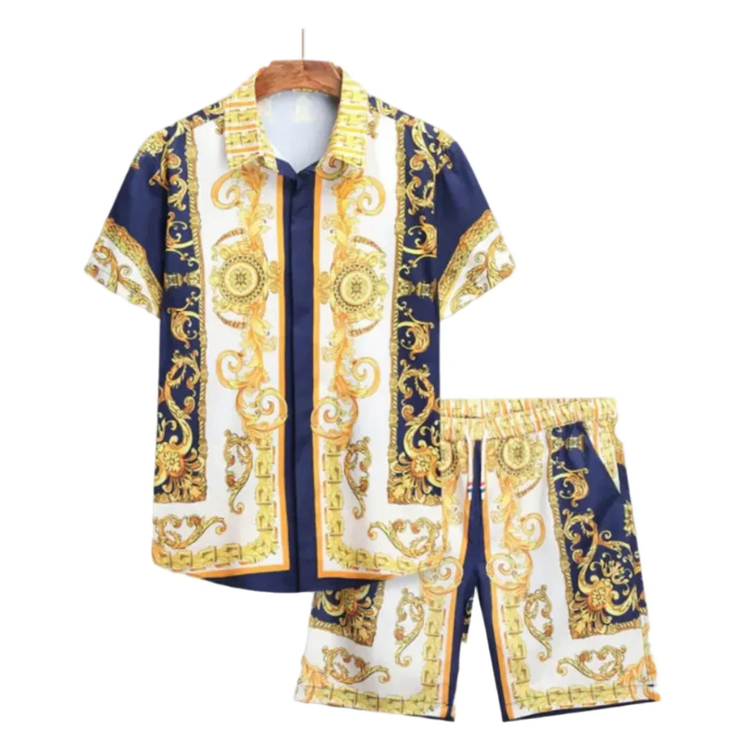 Stylischer Herren Sommerset mit Barockmuster, Schwarz. Luftiger Zweiteiler: Kurzarmhemd & Shorts für warme Tage.