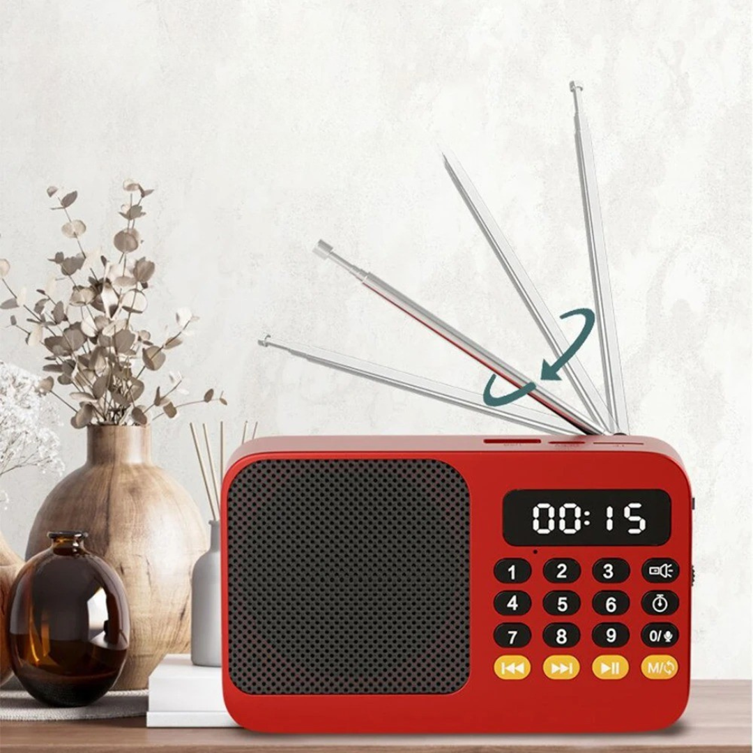 Handliches Digitalradio mit Bluetooth-Konnektivität, FM/AM/SW und integrierter heller LED-Taschenlampe.