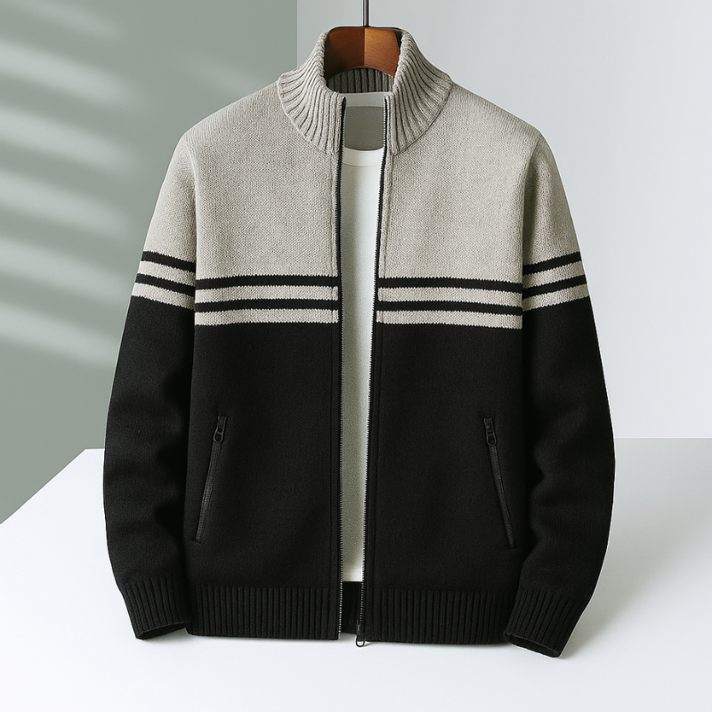 Anthrazitschwarze Herren-Strickjacke mit Reißverschluss. Warme & bequeme Winterjacke für Männer, perfekter Alltagsstil.