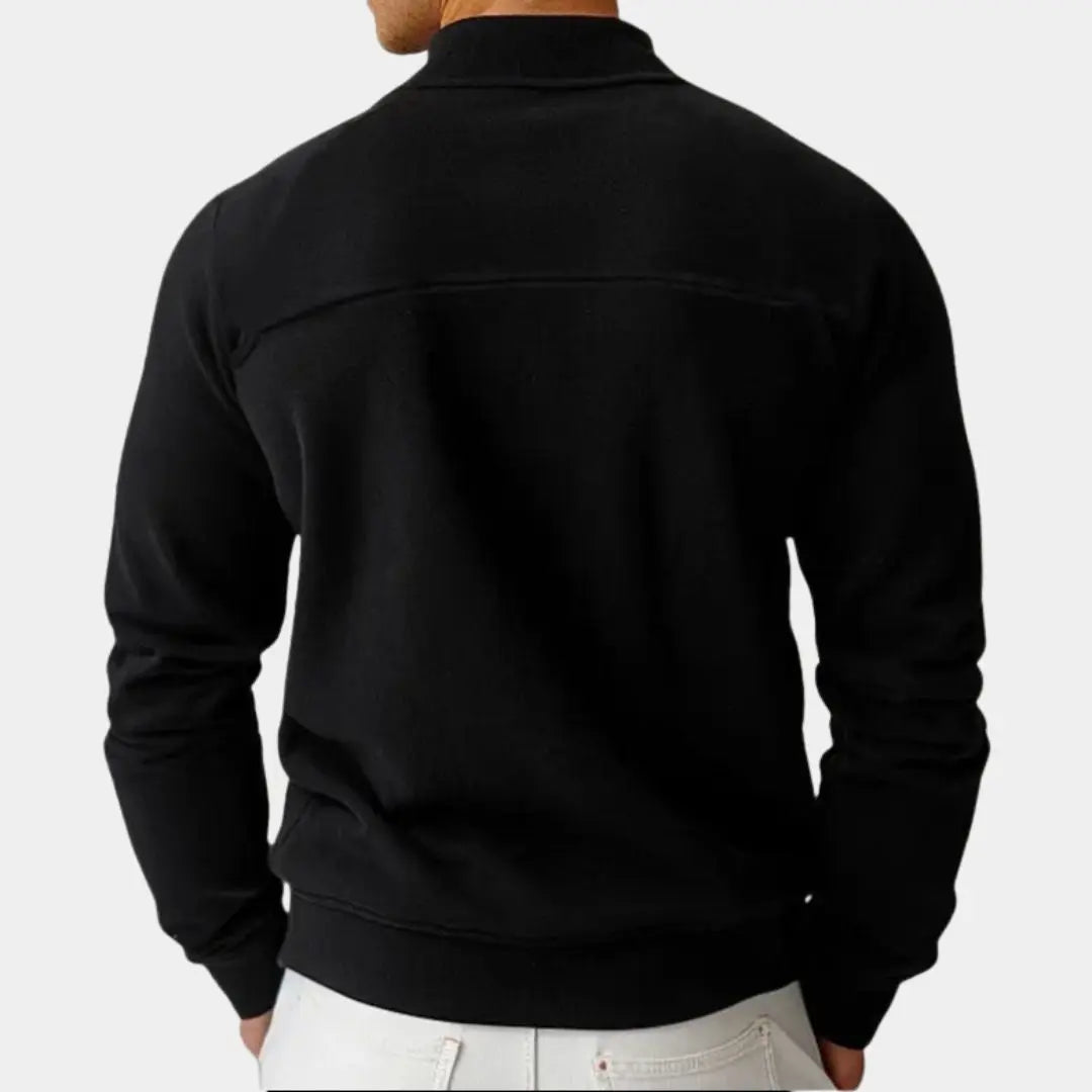 Kuscheliges schwarzes Herren Kapuzen-Sweatshirt mit Reißverschluss, Revers und Kapuze für Komfort im Alltag.