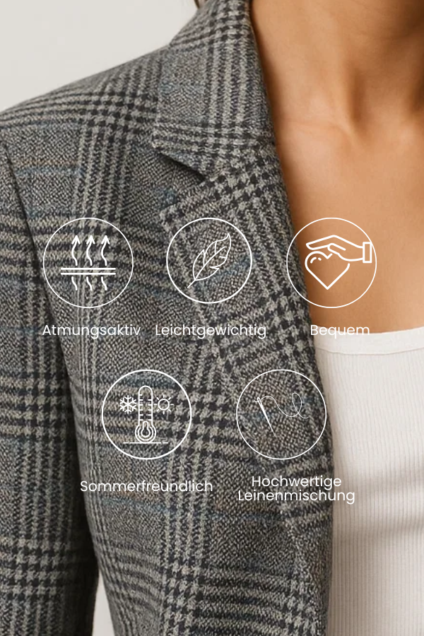 Modischer karierter Damen Blazer im lockeren langen Schnitt, ideal für Business Casual und Freizeit.