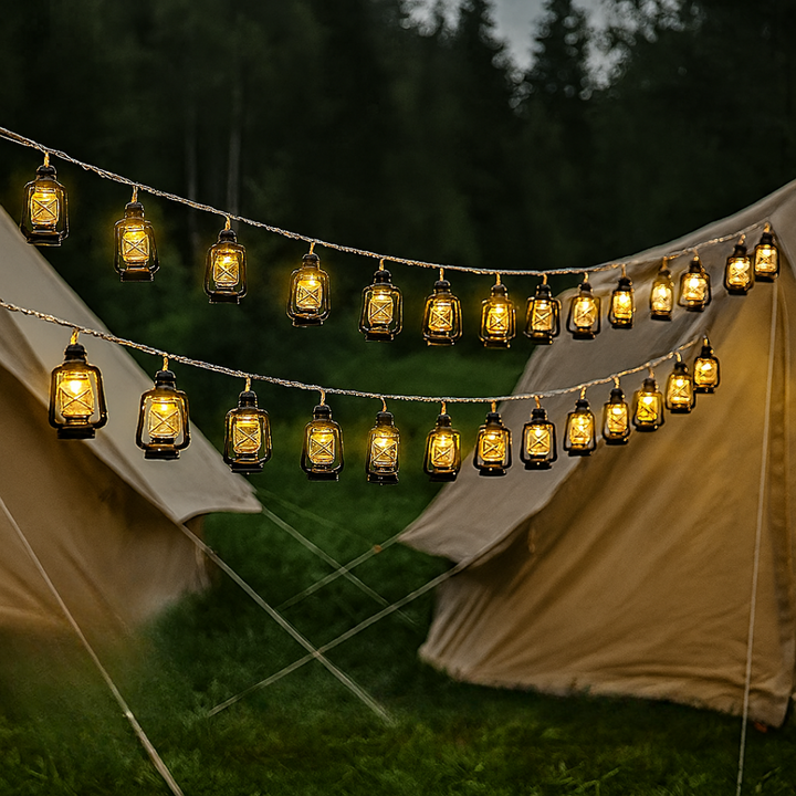 Detailansicht der warmweißen Retro Lichterkette von EmberGlow, ideal für gemütliche Outdoor-Beleuchtung.