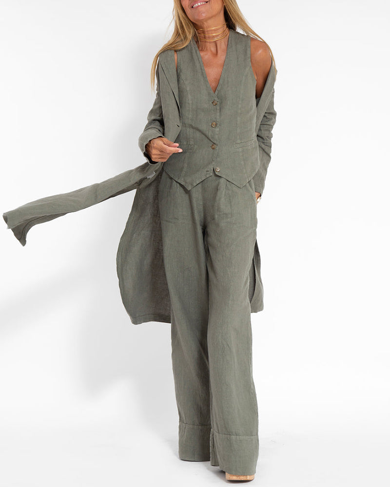 Elegantes Damen Leinen Zweiteiler Set Alma: Weste & weite Hose für Frühling/Sommer.