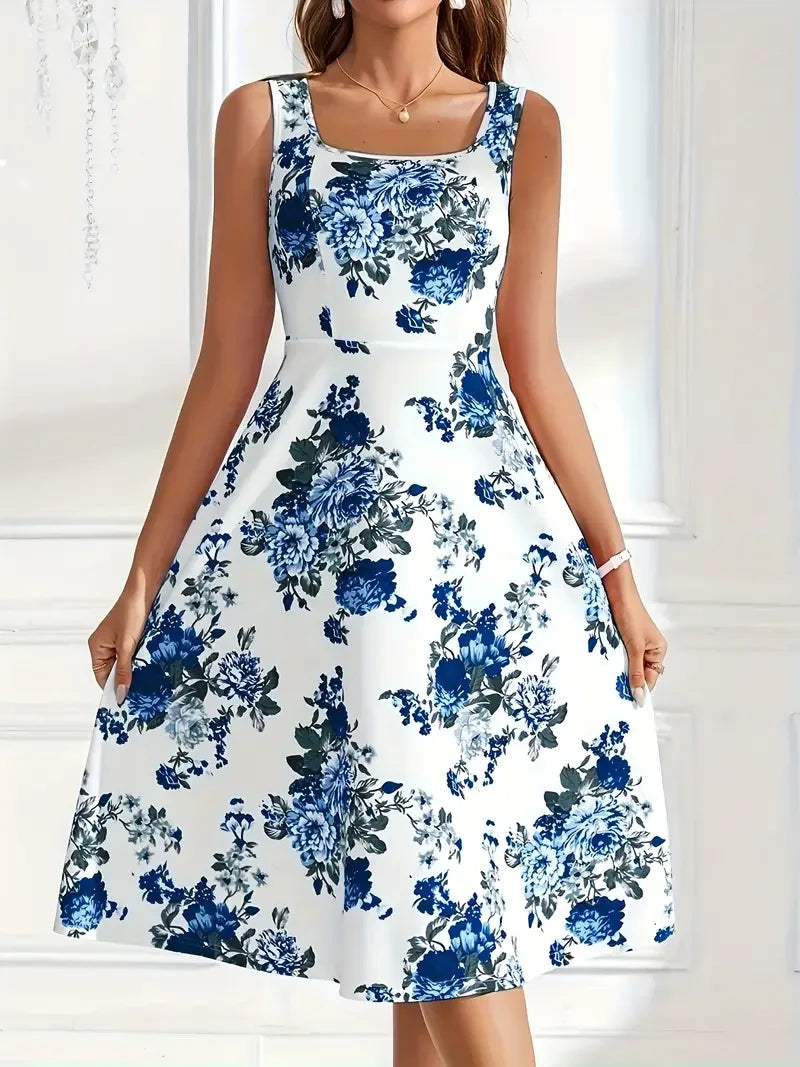 Elegantes festliches Damen Midi-Kleid mit Blumenmuster, perfekt für den Frühling.