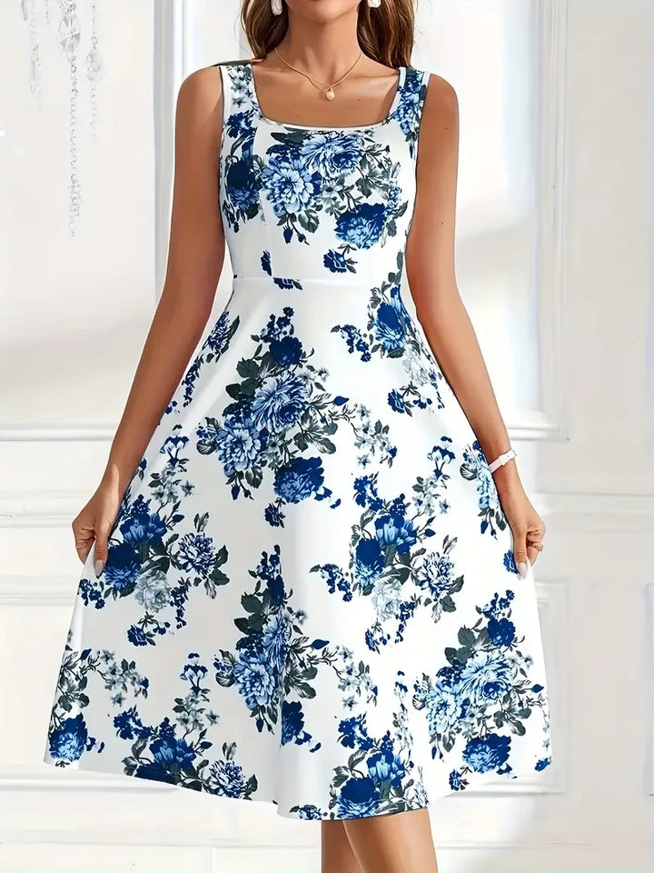 Elegantes festliches Damen Midi-Kleid mit Blumenmuster, perfekt für den Frühling.