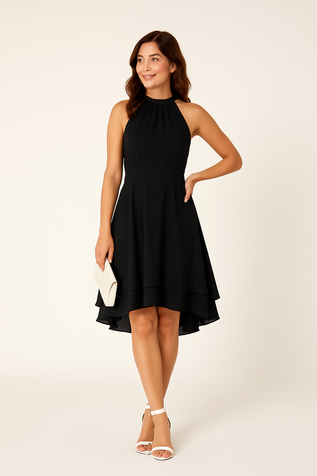 Elegantes Damen Sommerkleid mit Neckholder, High-Low Stufenrock. Leichtes, feminines Freizeitkleid für Sommer & Urlaub.