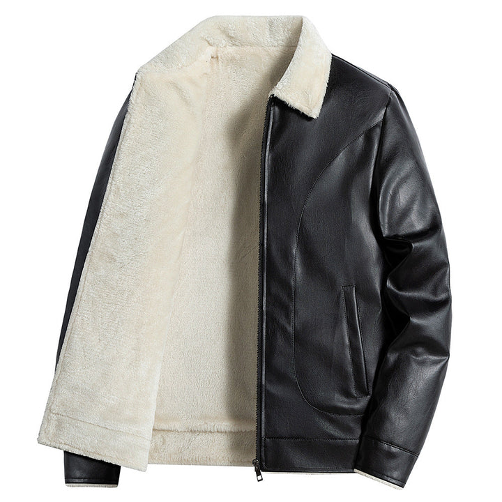 Klassischer schwarzer Herren Wintermantel aus Leder. Stilvolle Winterjacke für Männer mit regulärer Passform.