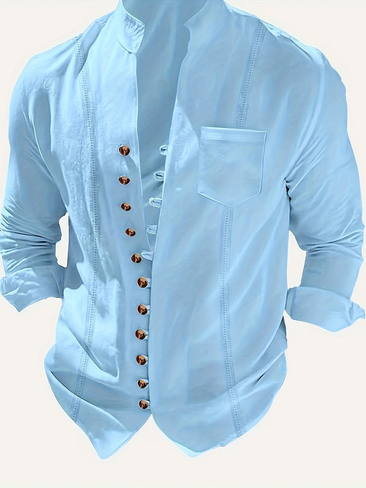 Lässiges Herren Freizeithemd mit Stehkragen. Vintage-Stil für moderne Männer, perfekt für Frühling.
