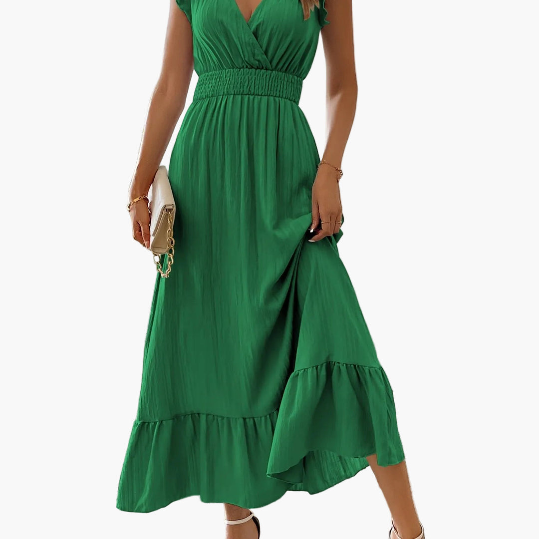 Romantisches Damen Sommer Maxikleid. Fließend, mit Volantärmeln und V-Ausschnitt. Stilvoll für Feste.