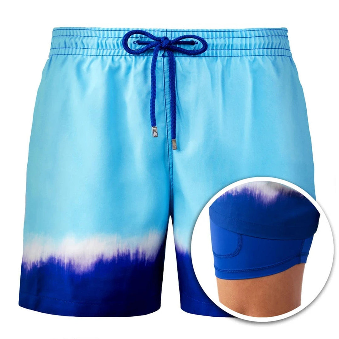 Graue doppellagige Herren-Kurzshorts, ideal als Sommerhose und Badehose.