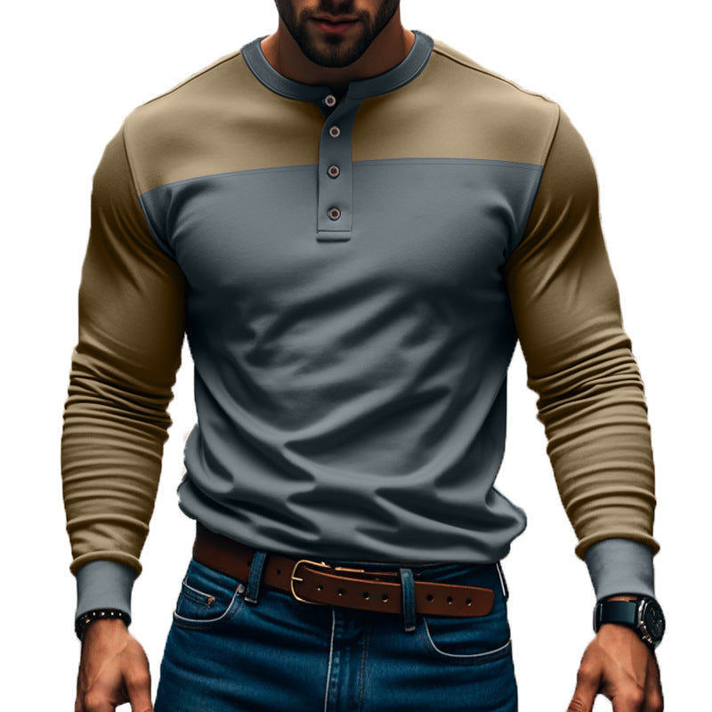 Nahaufnahme des Color-Block Herren Langarm Henley Shirts, zeigt Details der Knopfleiste und Stoffstruktur.
