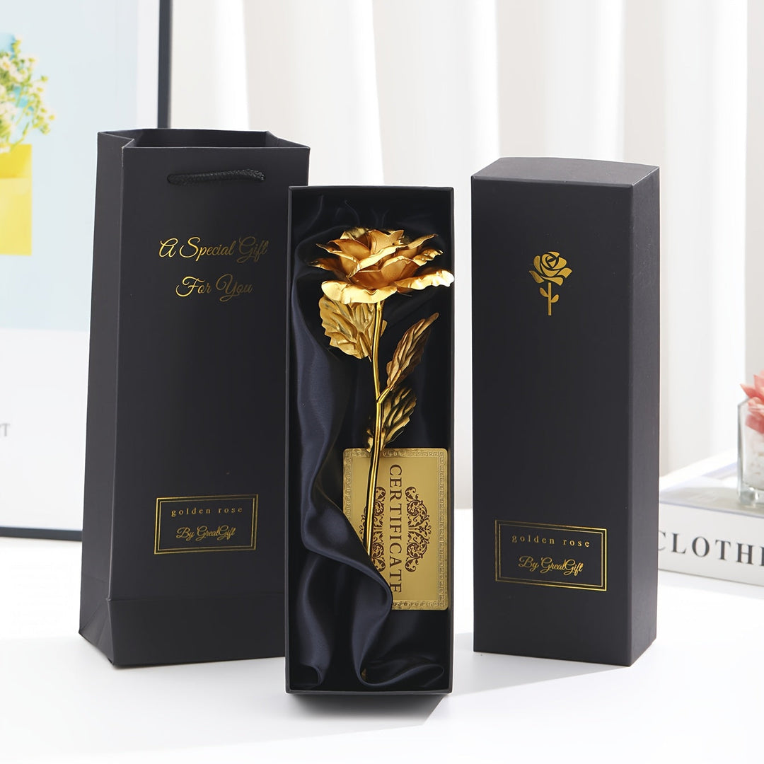 Geöffnetes Luxus-Geschenkset mit eleganter Deko-Kunstrose. Ein stilvolles und ewiges Geschenk für Frauen.
