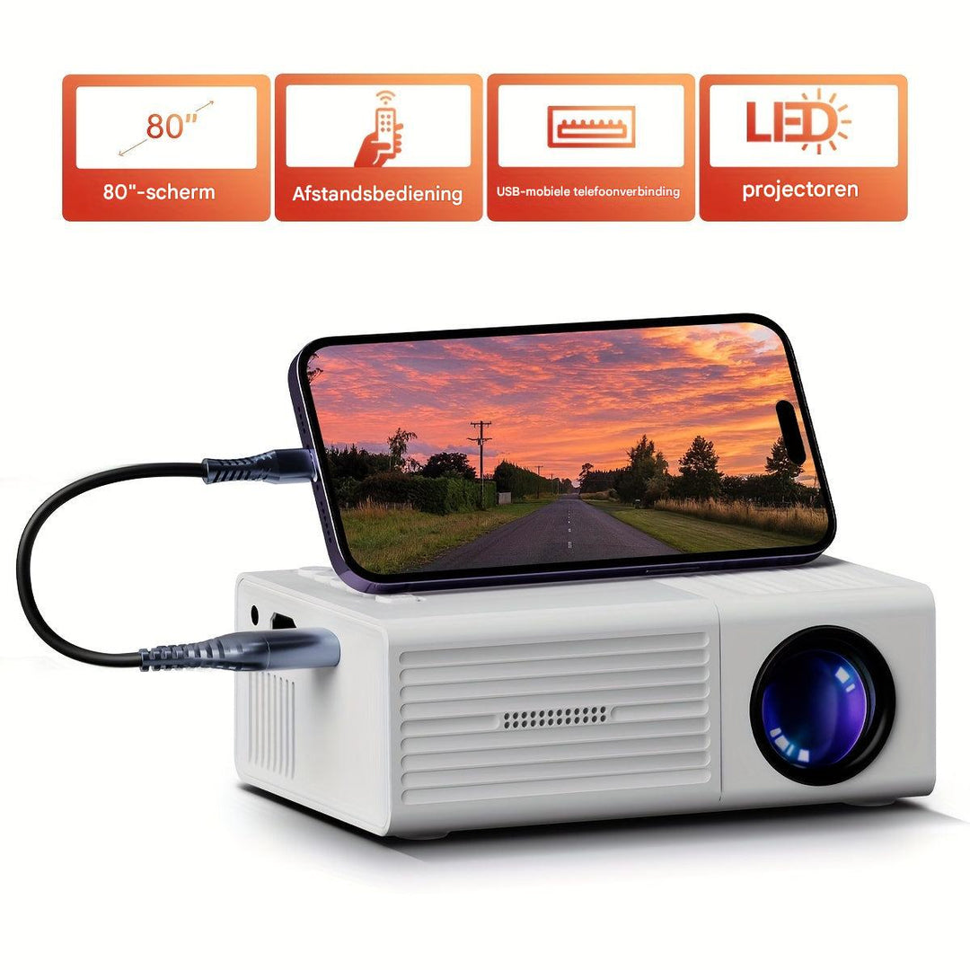 Portabler LumoBeam Mini-Projektor zeigt Filmabend-Entertainment in 3000 Lumen Helligkeit zuhause.