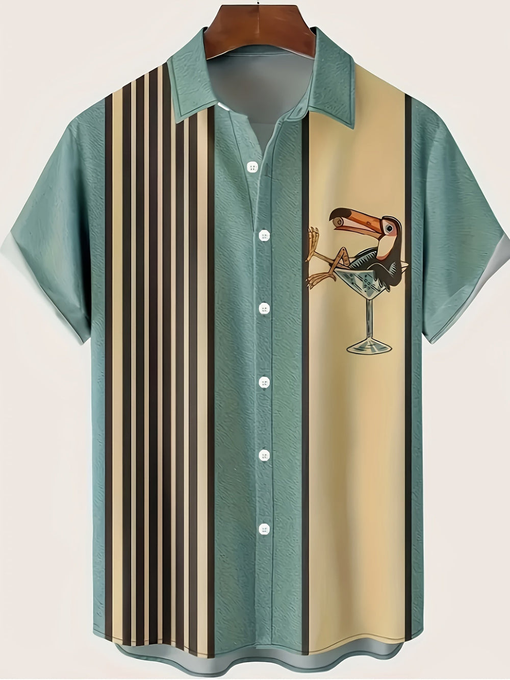 Herren Kurzarm Strandhemd im Retro-Stil mit tropischem Hawaii-Print & Streifen. Ideal für entspannte Urlaubstage.