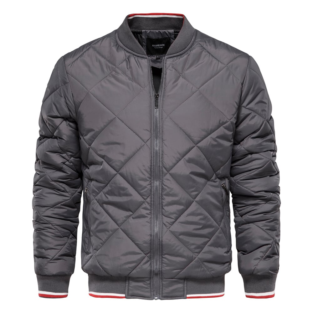 Dunkelgraue Herren Winter Steppjacke mit hohem Stehkragen. Perfekt für lässige Wintermode und Komfort.