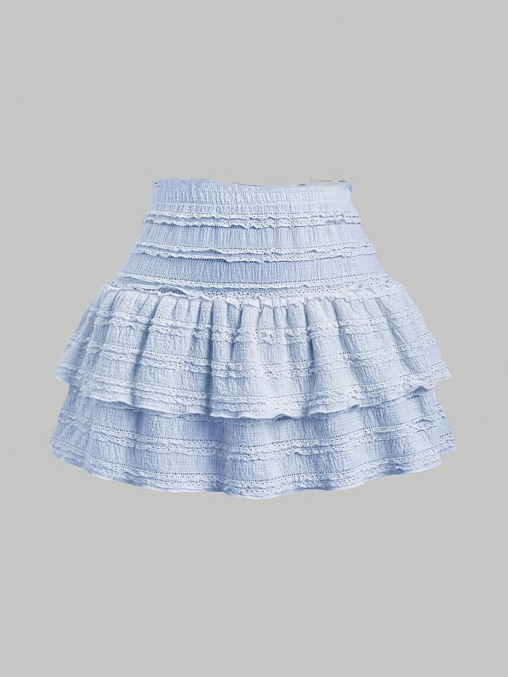 Luftiger Damen Sommer Minirock mit elastischem Bund, gestuft und mit Rüschen – perfekt für Festival-Looks.