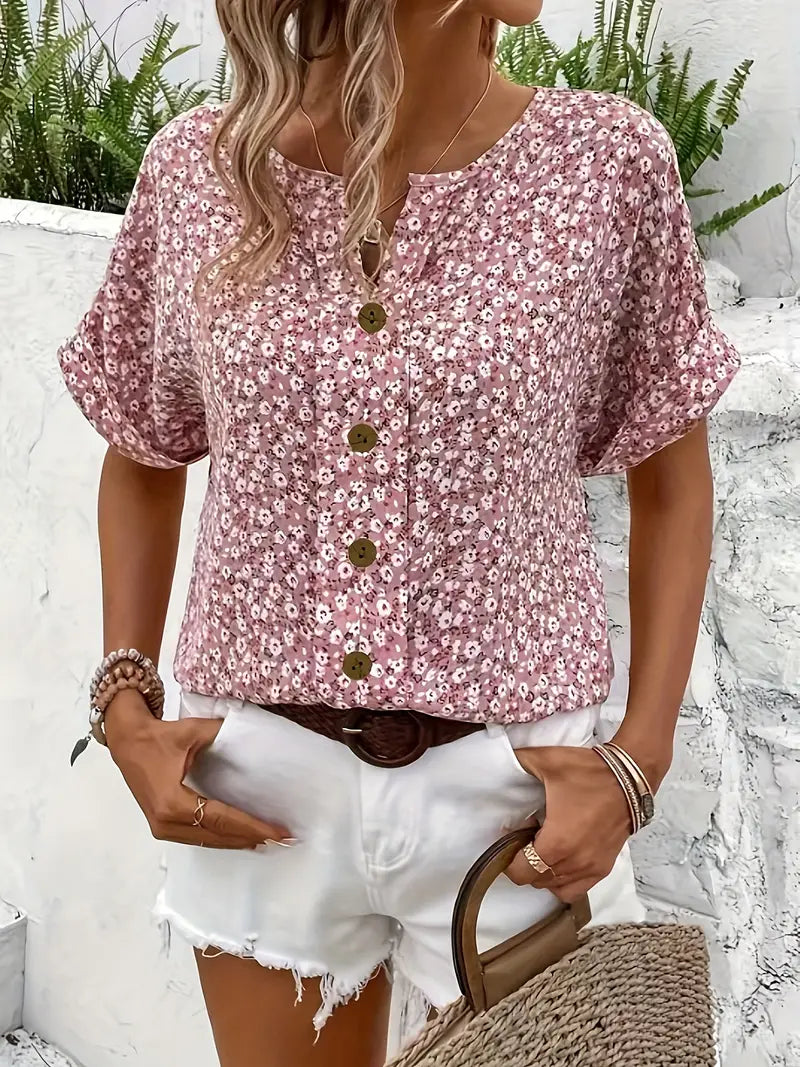 Luftiges Damen Lillie Sommer-Top mit Blumenprint & Knopfleiste, ideal für warme Tage und Freizeit-Looks.