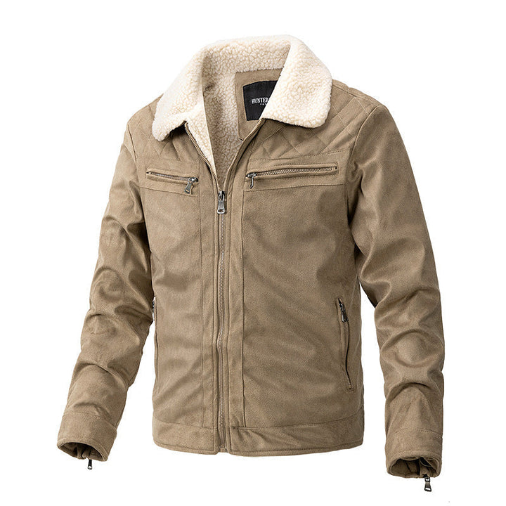 Lässige Herren-Winterjacke aus Strick mit Reißverschluss in Khaki. Warme und stylische Oberbekleidung für Freizeit.