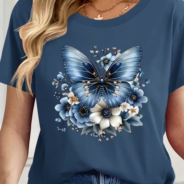 Frau trägt bequemes Damen Basic T-Shirt, Rundhals & Kurzarm. Lässiges Freizeitshirt für vielseitige Outfits.