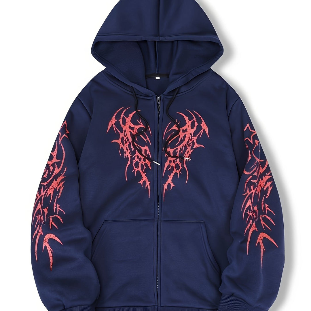 Fashion-Statement Herren Hoodie mit Reißverschluss und dynamischem Tribal-Flügel-Design.