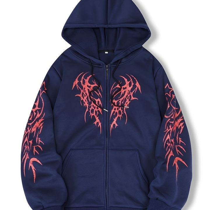 Fashion-Statement Herren Hoodie mit Reißverschluss und dynamischem Tribal-Flügel-Design.