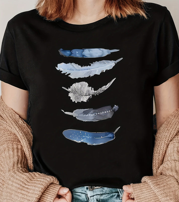 Damen Freizeit Shirt mit auffälligem Feder-Print. Weich, bequem und ideal für den Frühling.