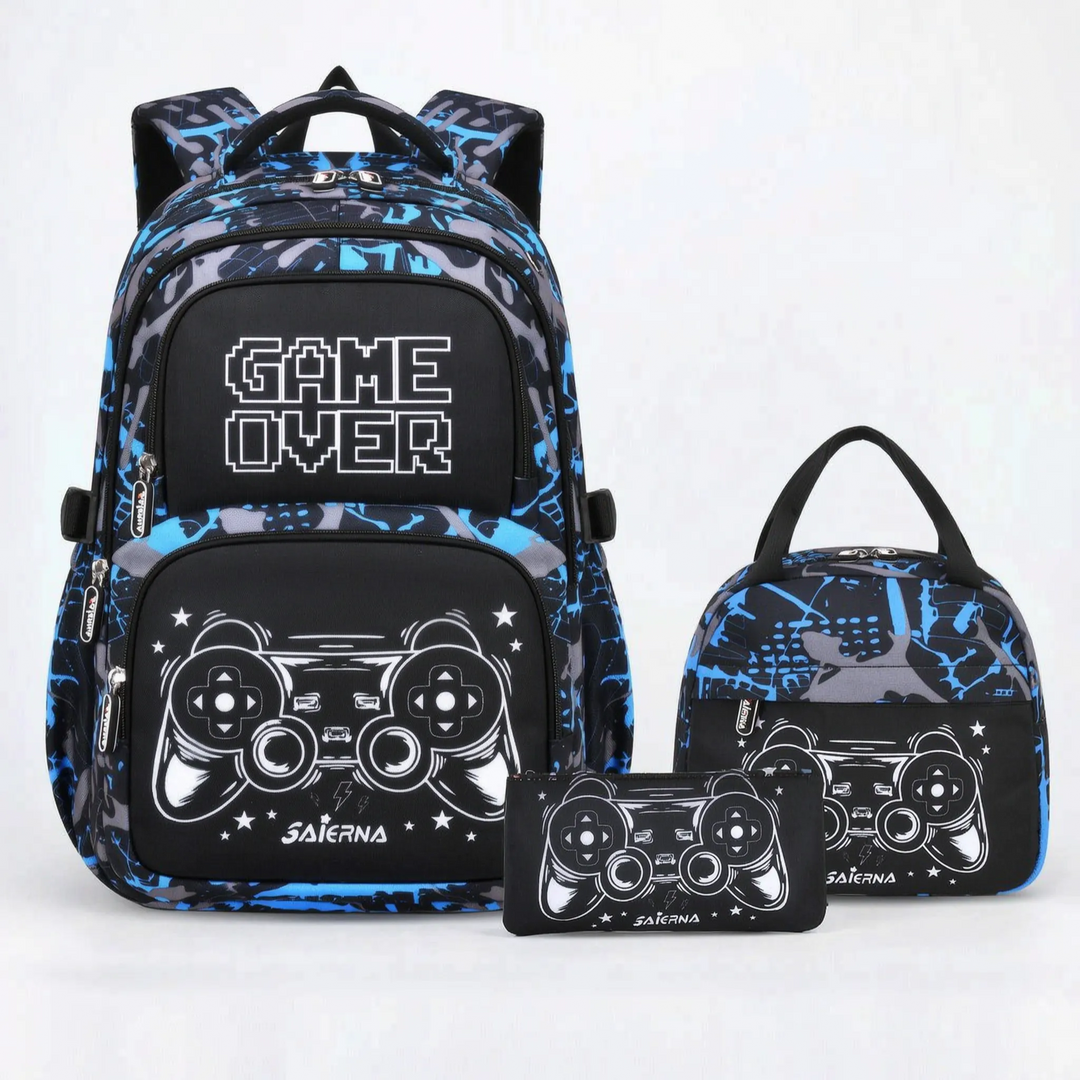 Komplettes Schulrucksack-Set im Gaming-Stil für Kinder: Rucksack, Federmäppchen und Lunchtasche für den Schulalltag.