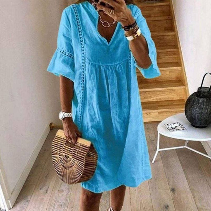 Damen Boho-Kleid mit Spitze, V-Ausschnitt, luftig und sommerlich leicht für Frühling & Sommer.