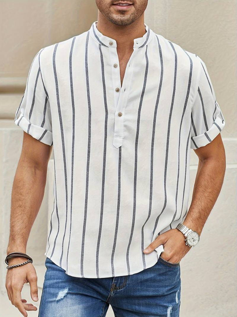 Lässiges Herren Sommer Pulloverhemd mit Kurzarm und stilvollem Streifenmuster für hohen Tragekomfort.