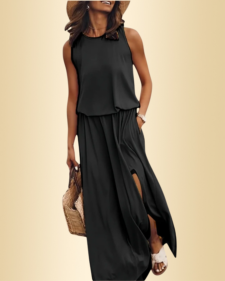 Damen Sommerkleid, locker, atmungsaktiv, mit Schlitz. Perfektes Maxikleid für Freizeit & Urlaub.