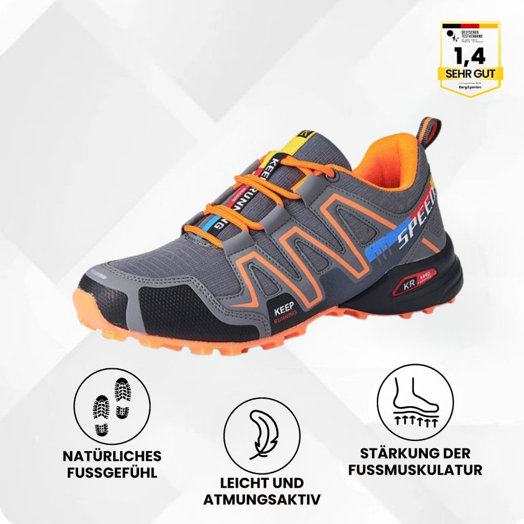 Rutschfeste Outdoorschuhe für Männer, detailreiche Ansicht der Profilsohle für sicheren Halt.