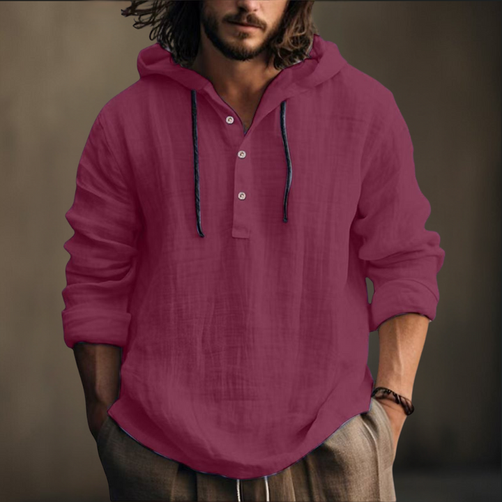 Komfortables Herren Kapuzenshirt mit Knopfleiste. Vielseitiges Langarmshirt für den Alltag und entspannte Stunden.