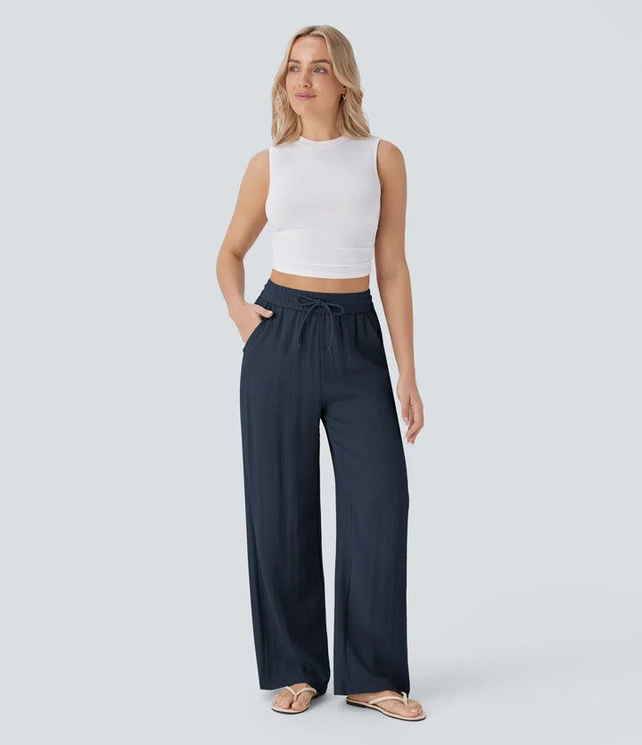 Bequeme Damenhose mit weitem Bein & Kordelzug. Elegante Sommerhose für Urlaub & Freizeit.
