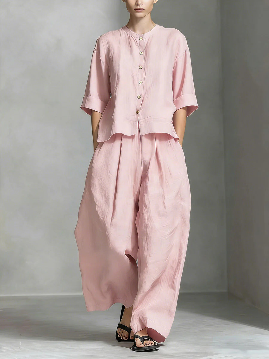 Vielseitiger Damen Zweiteiler mit weicher Bluse & langer Hose. Bequemer, eleganter Look für jede Gelegenheit.