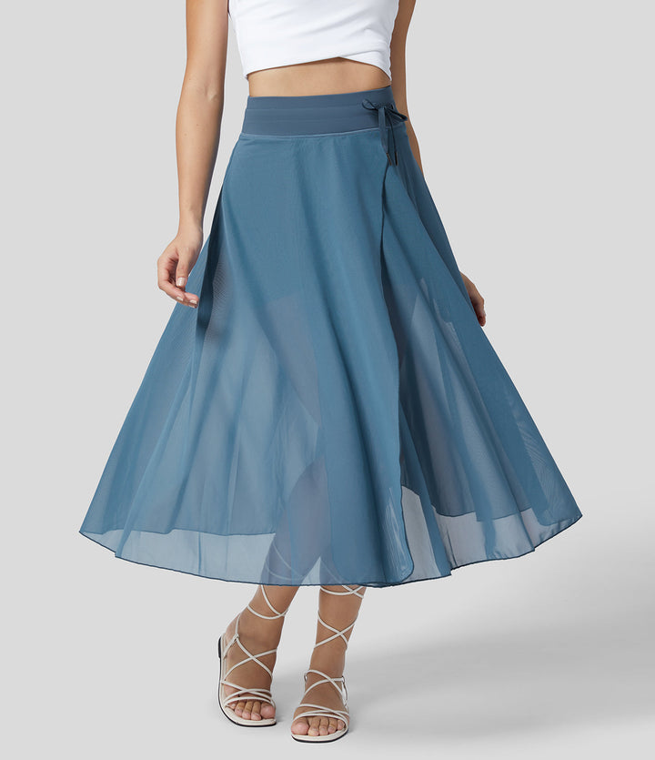 Damenmode: Fließender Sommer-Midi-Rock, hochtailliert, 2-in-1 Design.