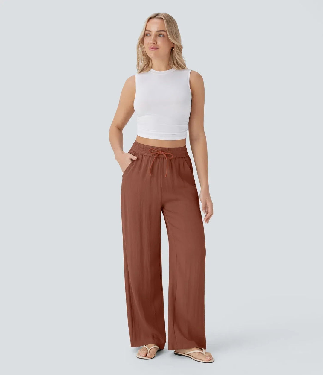 Stilvolle Damenhose weites Bein. Sommerliche Eleganz, bequem mit Kordelzug & Seitentaschen. Alltag.