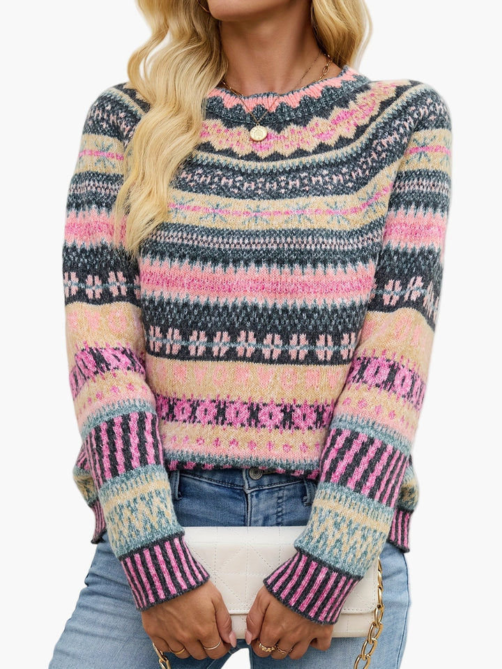 Damen Pullover mit elegantem Fair Isle Strickmuster für Herbst & Winter. Gemütlicher Rundhals-Strickpullover.