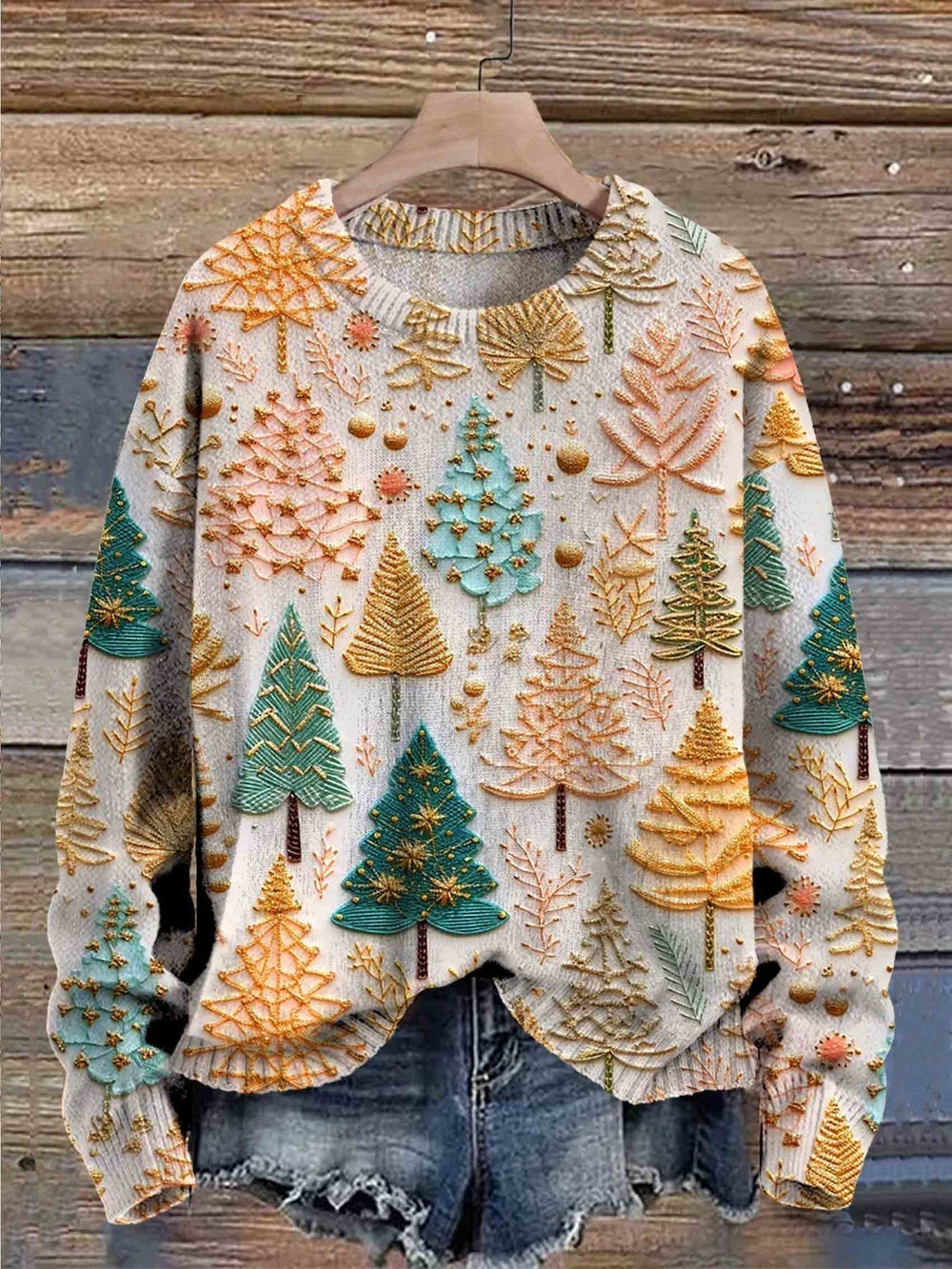 Gemütlicher Damenpullover für Weihnachten, Tannenbaum-Design. Warmer Rundhals-Langarmpullover für Wintermode.