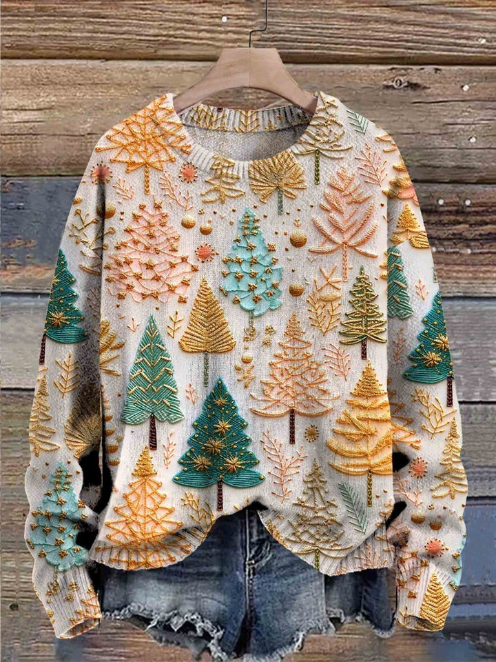 Gemütlicher Damenpullover für Weihnachten, Tannenbaum-Design. Warmer Rundhals-Langarmpullover für Wintermode.