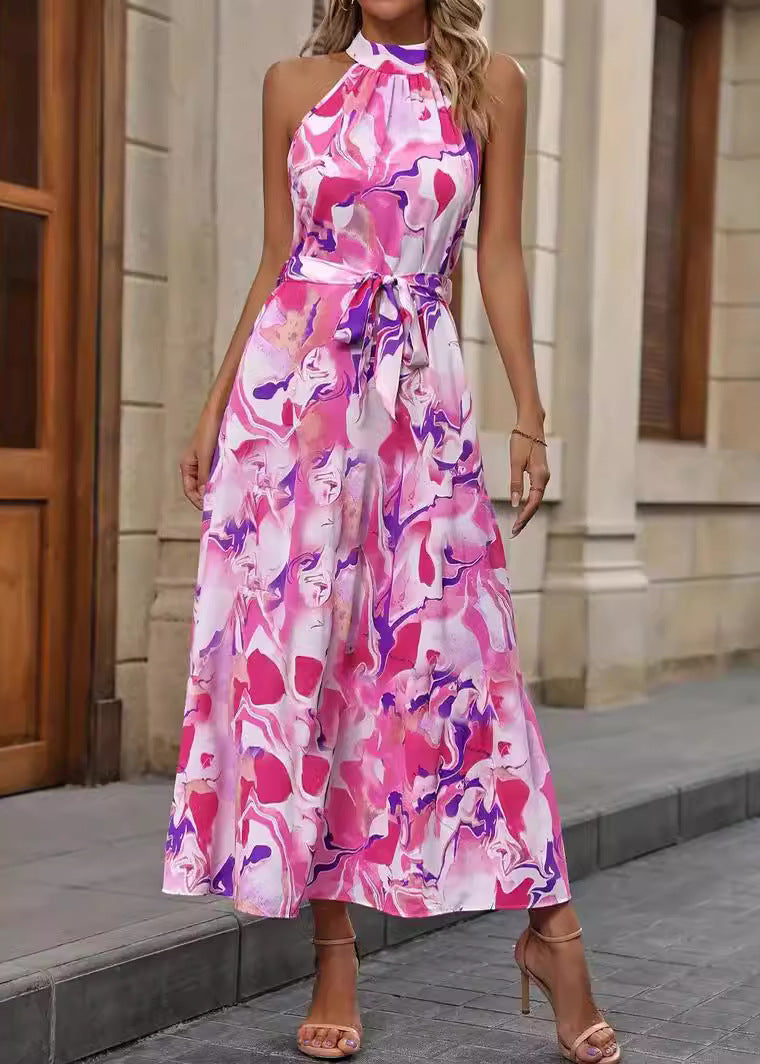 Detailansicht: Damen Maxikleid Stoff mit Blumenmuster, hoher Taille & fließenden Ärmeln, ideal als Sommerkleid.