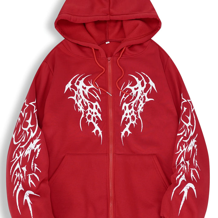 Lässiger Kapuzenpullover für Herren mit Reißverschluss und detailliertem Tribal-Flügel-Motiv.