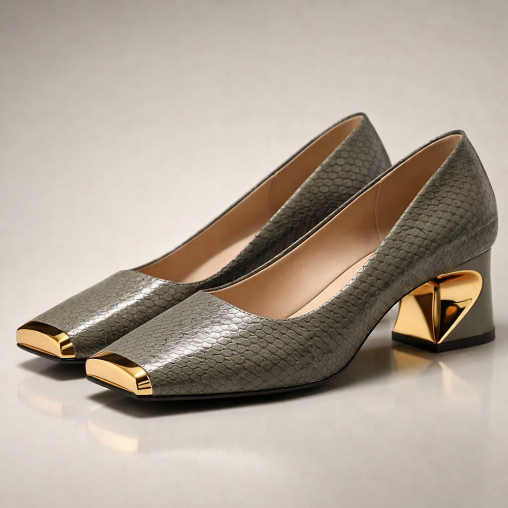Stylische graue Damenpumps mit bequemem Blockabsatz & eckiger Spitze. Perfekt für Business & Abend.